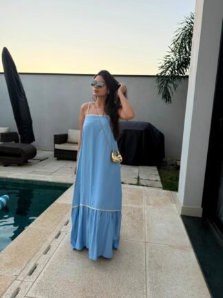 Vestido Verão 2027 Azul Celeste com Listra Bege